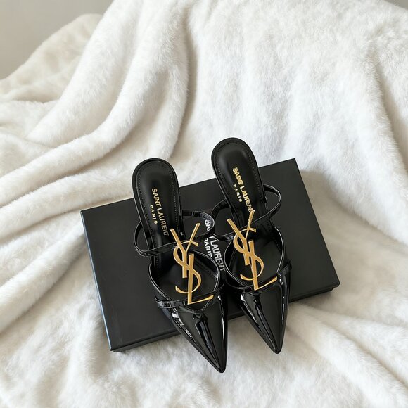 Saint Laurent Black And Gold Logo High-Heeled Slides - Picture 1 of 8